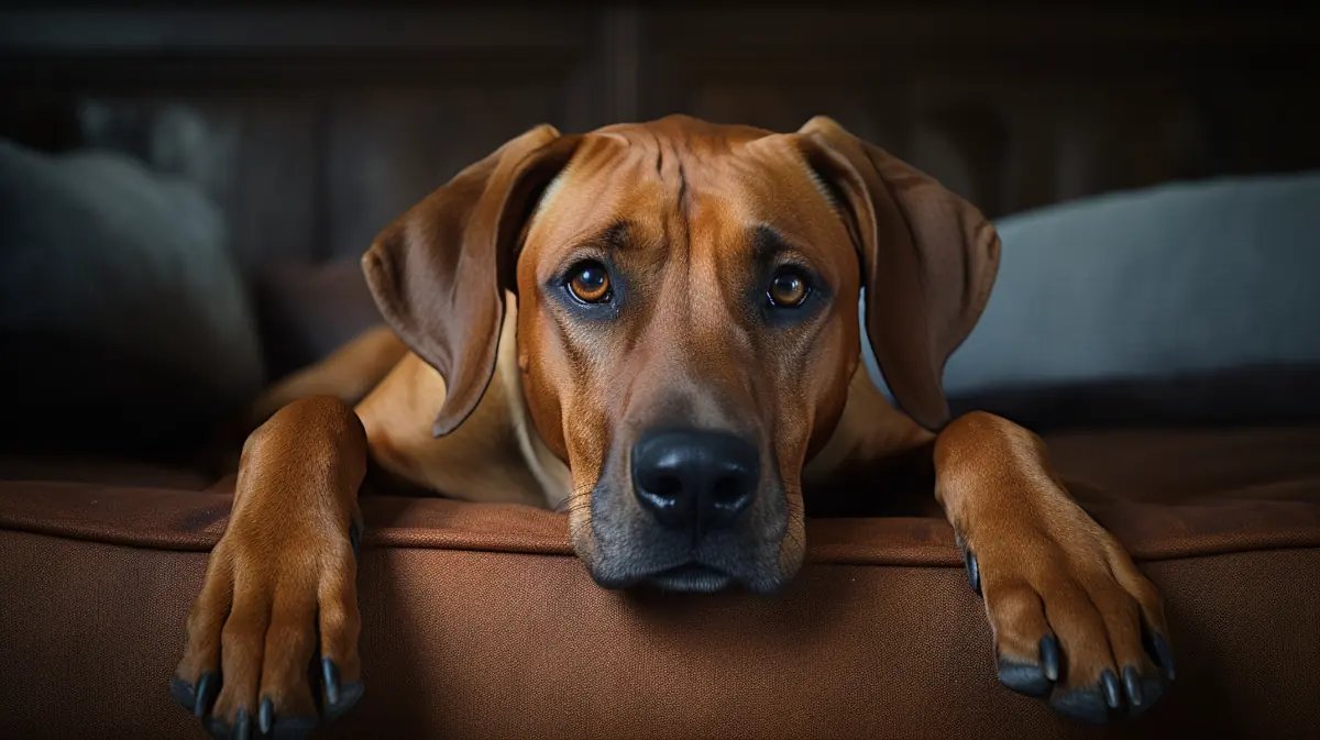 an adorable rhodesian ridgeback on a couch